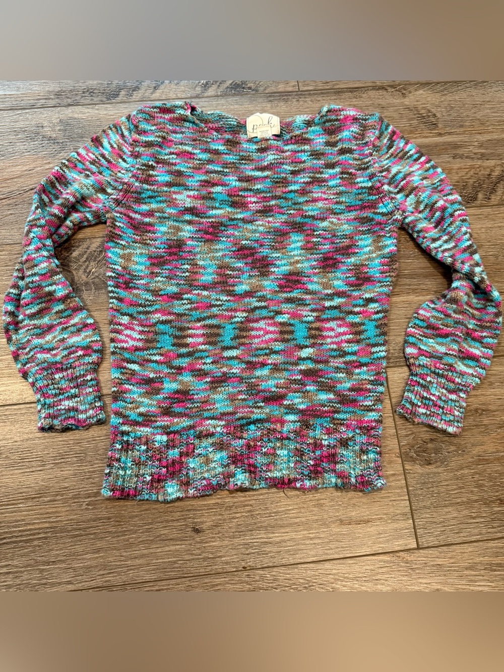 Peek Striped Multicolor Crewneck Knit Sweater in Teal, Pink & Brown